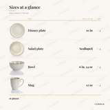 Elama Contessa ivory stoneware piece sizes: dinner plate 10 in, scalloped salad plate, bowl 6 in 24 oz, mug 12 oz, 16 pieces