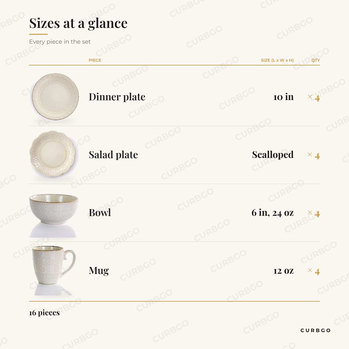 Elama Contessa ivory stoneware piece sizes: dinner plate 10 in, scalloped salad plate, bowl 6 in 24 oz, mug 12 oz, 16 pieces