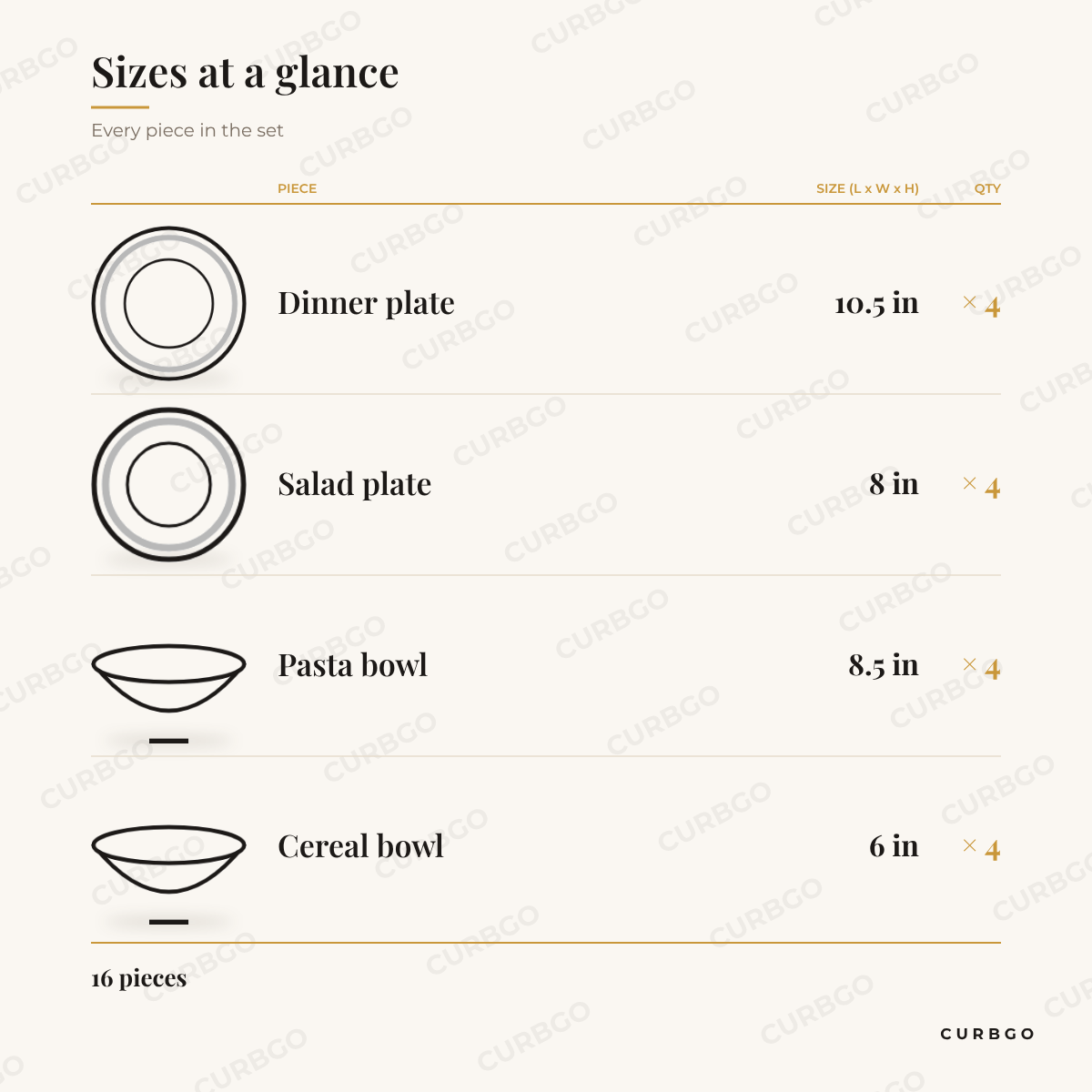 Elama Emilia speckled stoneware piece sizes: dinner plate 10.5 in, salad plate 8 in, pasta bowl 8.5 in, cereal bowl 6 in, 16 pieces