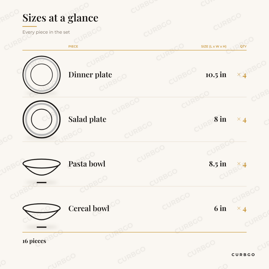 Elama Emilia speckled stoneware piece sizes: dinner plate 10.5 in, salad plate 8 in, pasta bowl 8.5 in, cereal bowl 6 in, 16 pieces