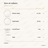 Elama Leo white stoneware piece sizes: dinner plate 10.5 in, salad plate 8.6 in, cereal bowl 6 in, mug 12 oz, 16 pieces