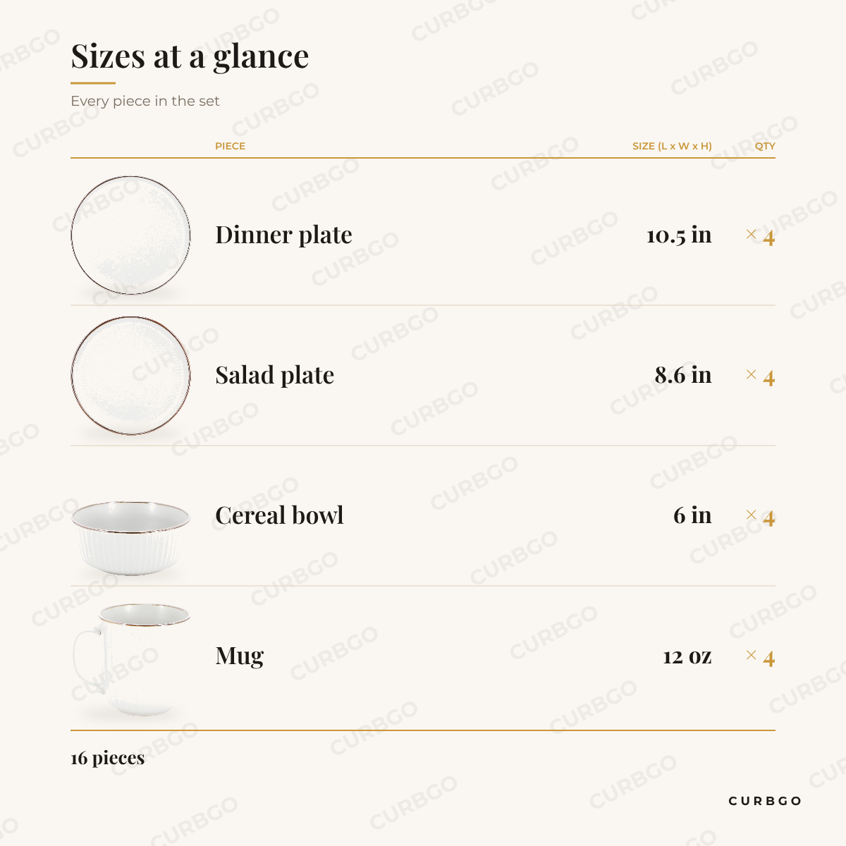 Elama Leo white stoneware piece sizes: dinner plate 10.5 in, salad plate 8.6 in, cereal bowl 6 in, mug 12 oz, 16 pieces