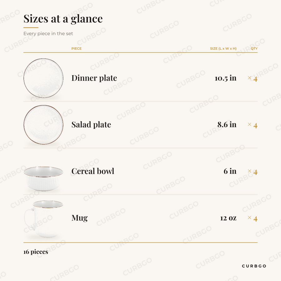 Elama Leo white stoneware piece sizes: dinner plate 10.5 in, salad plate 8.6 in, cereal bowl 6 in, mug 12 oz, 16 pieces