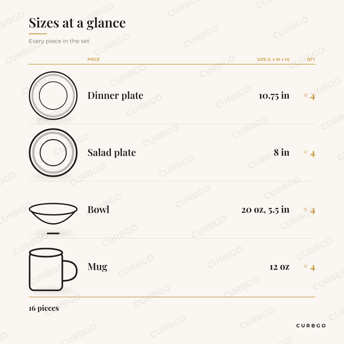 Elama Fine Marble porcelain piece sizes: dinner plate 10.75 in, salad plate 8 in, bowl 5.5 in 20 oz, mug 12 oz, 16 pieces