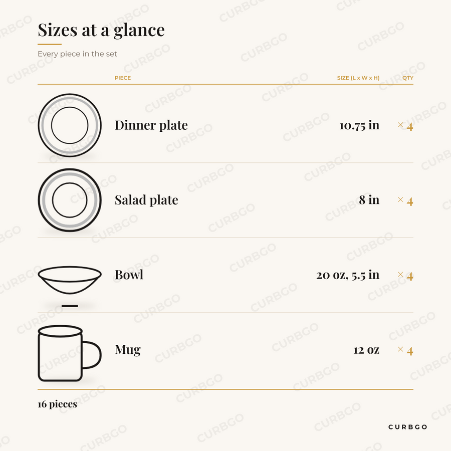 Elama Fine Marble porcelain piece sizes: dinner plate 10.75 in, salad plate 8 in, bowl 5.5 in 20 oz, mug 12 oz, 16 pieces