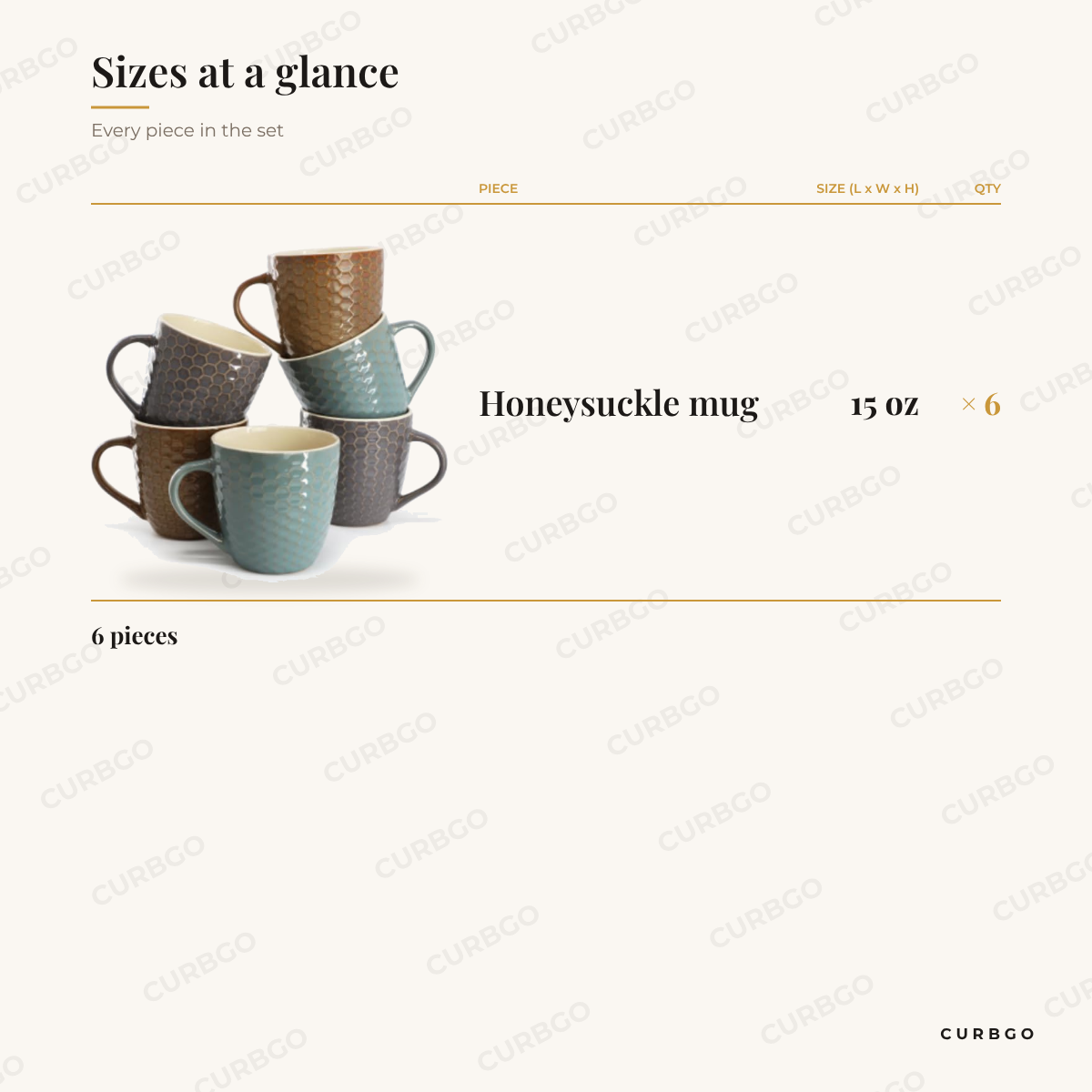 Elama Honeysuckle stoneware mug set size: six 15 oz honeycomb mugs