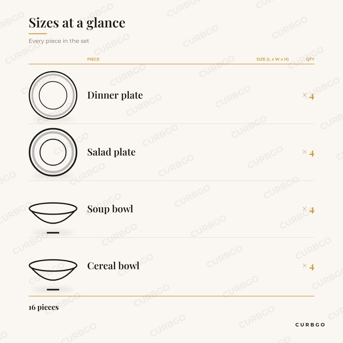 Elama Jane scalloped porcelain dinnerware set pieces: 4 dinner plates, 4 salad plates, 4 soup bowls, 4 cereal bowls, 16 pieces