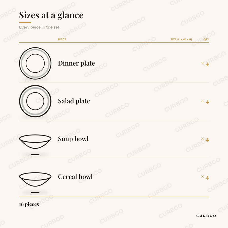 Elama Jane scalloped porcelain dinnerware set pieces: 4 dinner plates, 4 salad plates, 4 soup bowls, 4 cereal bowls, 16 pieces