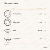 Elama Julia scalloped porcelain piece sizes: dinner plate 10.5 in, salad plate 7.6 in, bowl 8.75 in, cereal bowl 5.8 in, 16 pieces