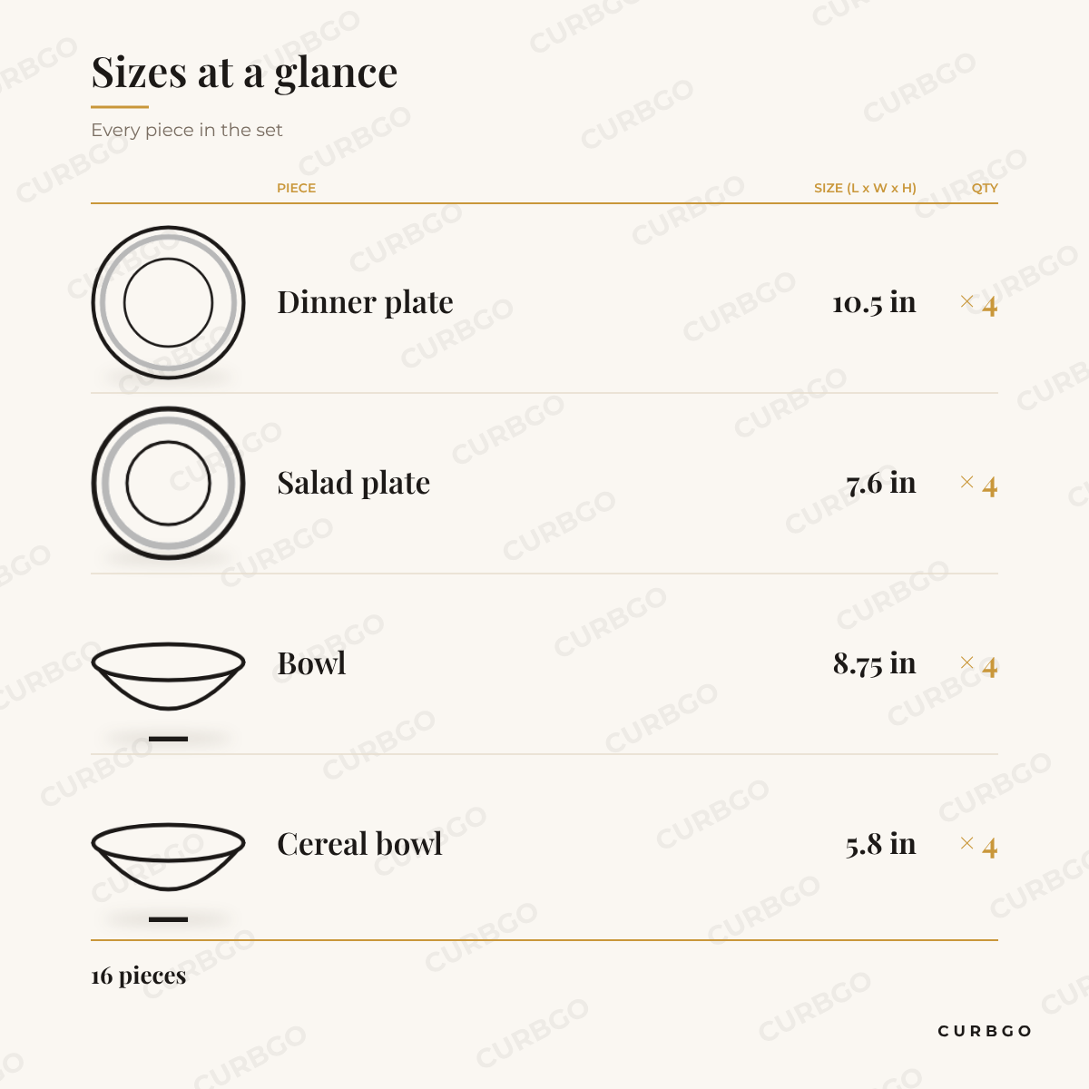 Elama Julia scalloped porcelain piece sizes: dinner plate 10.5 in, salad plate 7.6 in, bowl 8.75 in, cereal bowl 5.8 in, 16 pieces