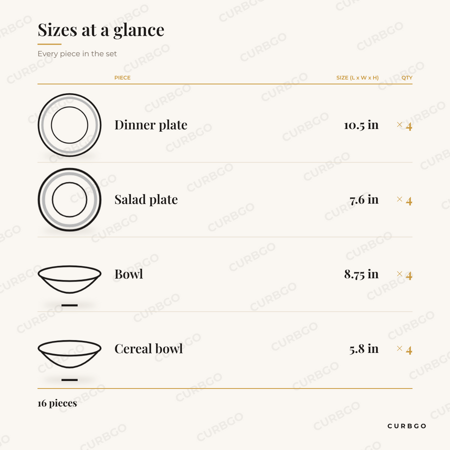 Elama Julia scalloped porcelain piece sizes: dinner plate 10.5 in, salad plate 7.6 in, bowl 8.75 in, cereal bowl 5.8 in, 16 pieces