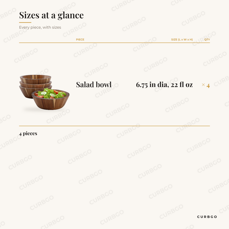 Acacia Salad Bowls size chart showing every piece: 4 salad bowl 6.75 in dia, 22 fl oz
