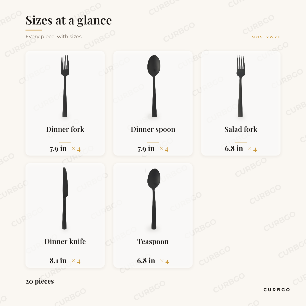 Earlston Black Flatware size chart showing every piece: 4 dinner fork 7.9 in, 4 dinner spoon 7.9 in, 4 salad fork 6.8 in, 4 dinner knife 8.1 in, 4 teaspoon 6.8 in