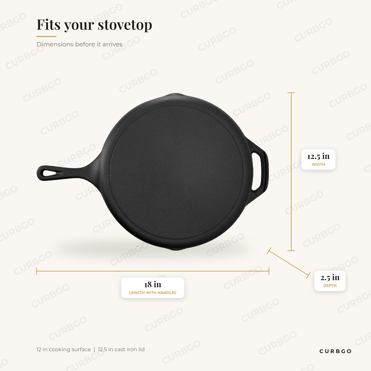 MegaChef Lidded Skillet dimensions: 18 in L with handles x 12.5 in W x 2.5 in D