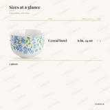 Garden Aisle Cereal Bowls size chart showing every piece: 2 cereal bowl 6 in, 24 oz