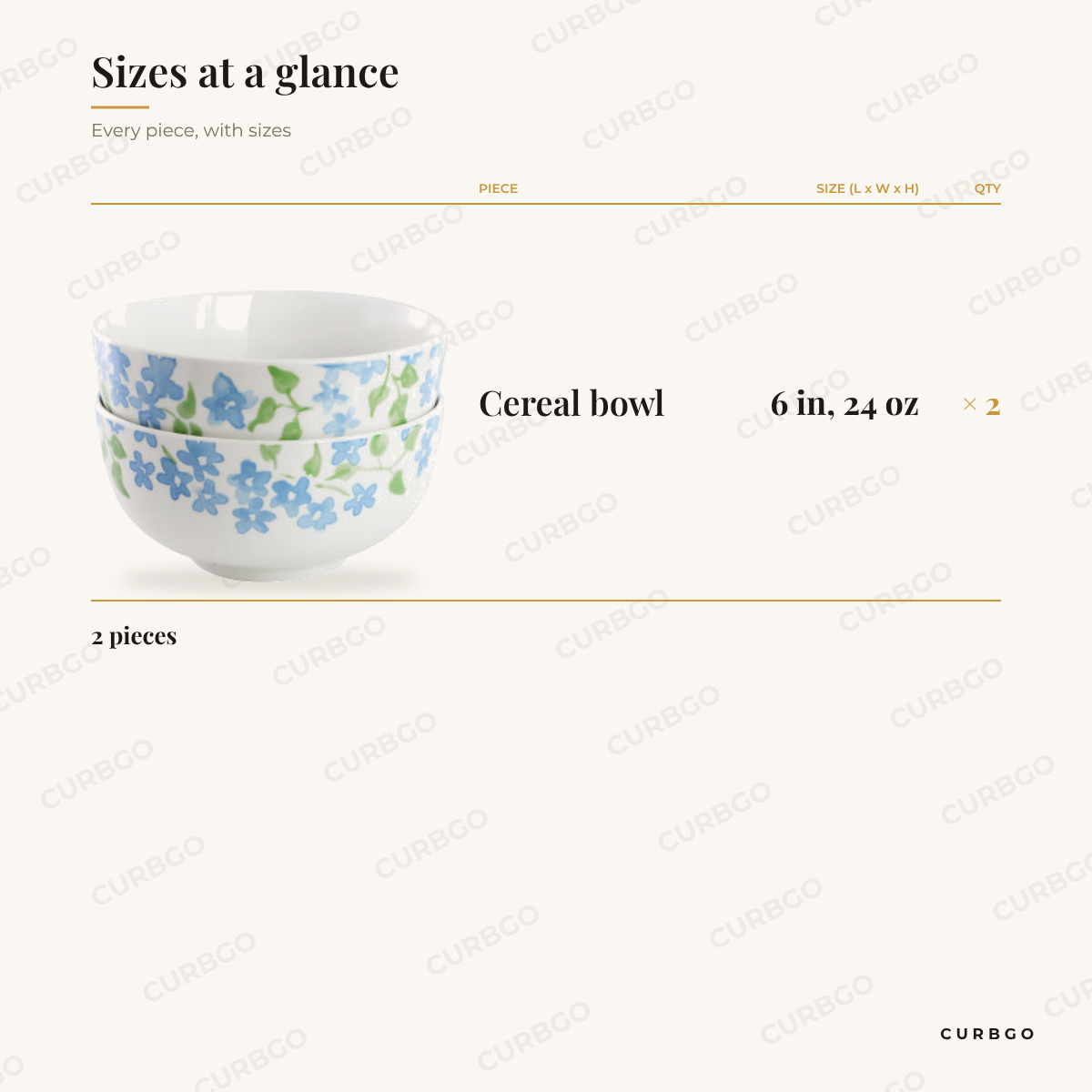 Garden Aisle Cereal Bowls size chart showing every piece: 2 cereal bowl 6 in, 24 oz