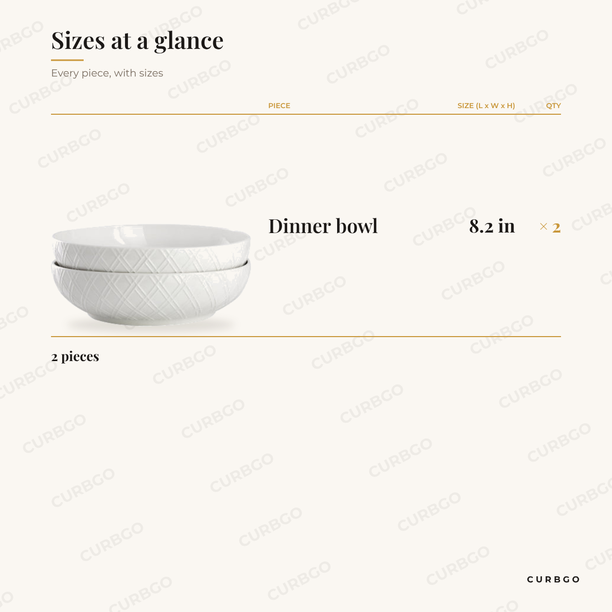 Great Essentials Dinner Bowls size chart showing every piece: 2 dinner bowl 8.2 in