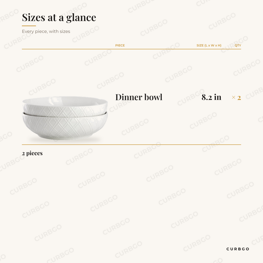 Great Essentials Dinner Bowls size chart showing every piece: 2 dinner bowl 8.2 in
