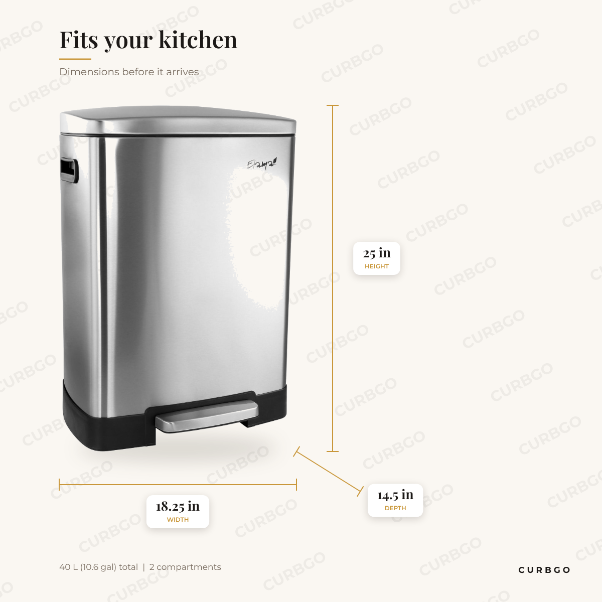 Elama Split Step Bin dimensions: 18.25 in W x 14.5 in D x 25 in H