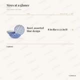 Elama Aurora Bowls size chart showing every piece: 6 bowl, assorted blue design 8 in dia x 1.75 in h