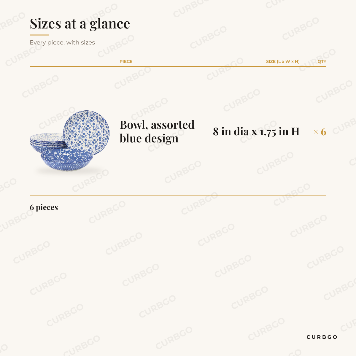 Elama Aurora Bowls size chart showing every piece: 6 bowl, assorted blue design 8 in dia x 1.75 in h