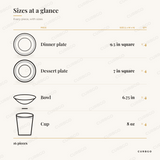 Elama Hayes Dinnerware size chart showing every piece: 4 dinner plate 9.5 in square, 4 dessert plate 7 in square, 4 bowl 6.75 in, 4 cup 8 oz