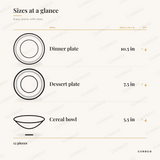 Kenwood Shores Dinnerware Set size chart showing every piece: 4 dinner plate 10.5 in, 4 dessert plate 7.5 in, 4 cereal bowl 5.5 in