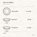 Elama Mason Dinnerware size chart showing every piece: 4 dinner plate 10.5 in dia, 4 soup bowl 8 in dia, 4 cereal bowl 5.5 in dia