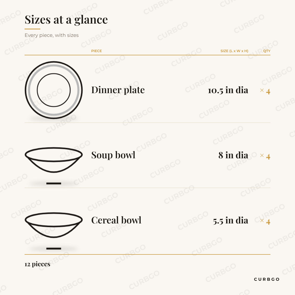 Elama Mason Dinnerware size chart showing every piece: 4 dinner plate 10.5 in dia, 4 soup bowl 8 in dia, 4 cereal bowl 5.5 in dia