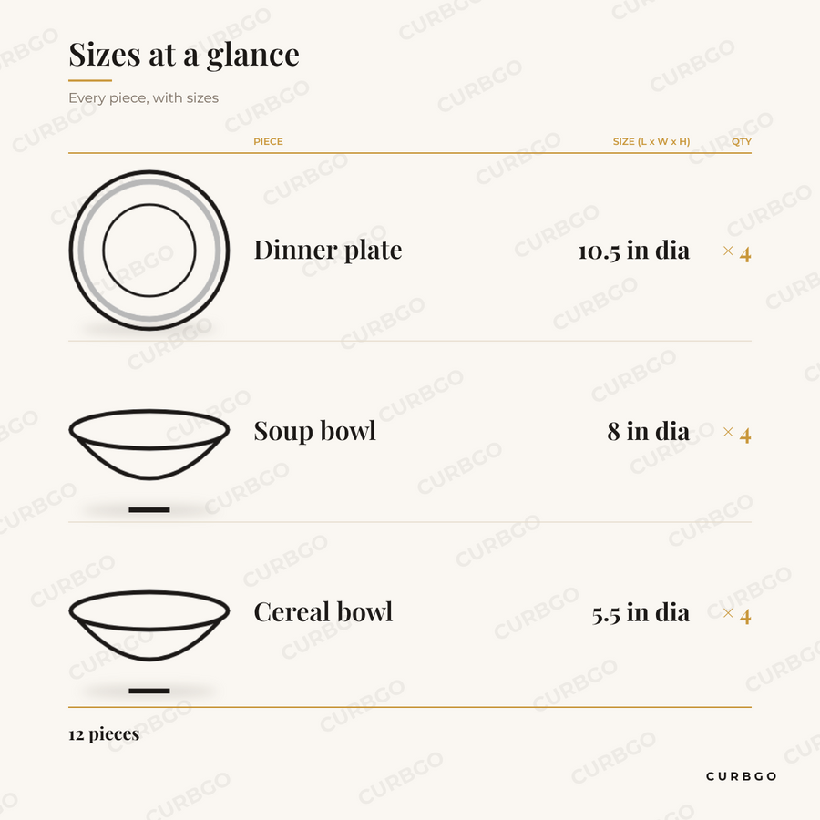 Elama Mason Dinnerware size chart showing every piece: 4 dinner plate 10.5 in dia, 4 soup bowl 8 in dia, 4 cereal bowl 5.5 in dia