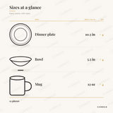 Everyday Plus Dinnerware Set size chart showing every piece: 4 dinner plate 10.5 in, 4 bowl 5.5 in, 4 mug 12 oz