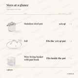 Sangerfield Fry Set size chart showing every piece: 1 stainless steel pot 3.65 qt, 1 lid fits the 3.65 qt pot, 1 wire frying basket with pan hook fits inside the pot