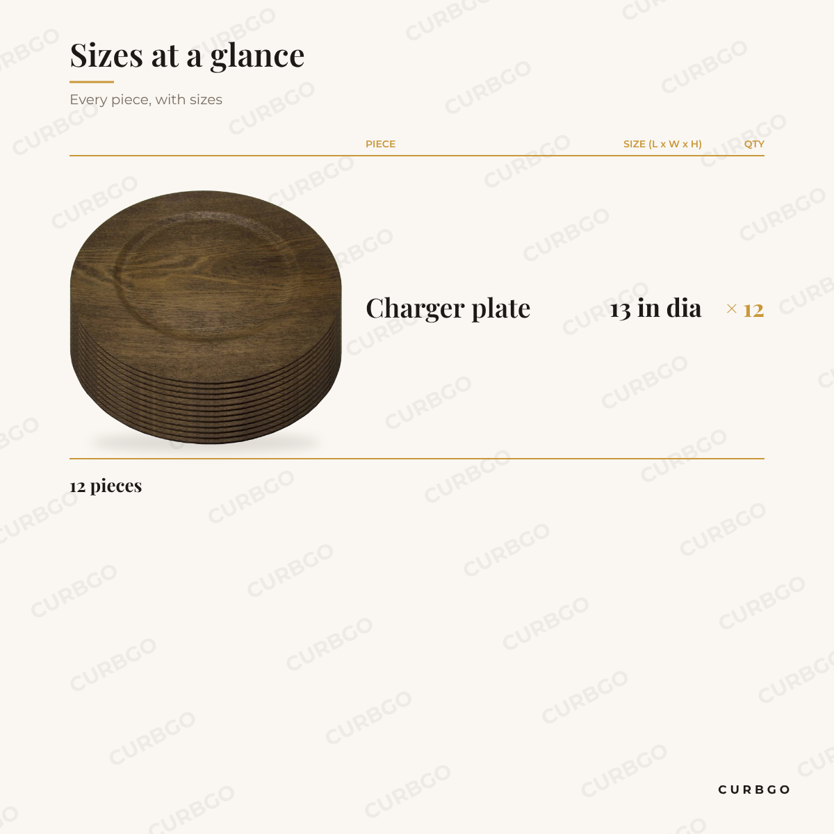 Gibson Feri Chargers size chart showing every piece: 12 charger plate 13 in dia