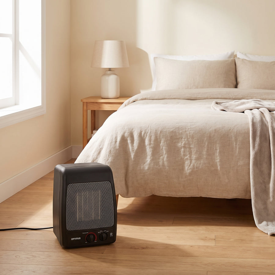 Optimus H-7000 ceramic heater on the floor of a small bedroom