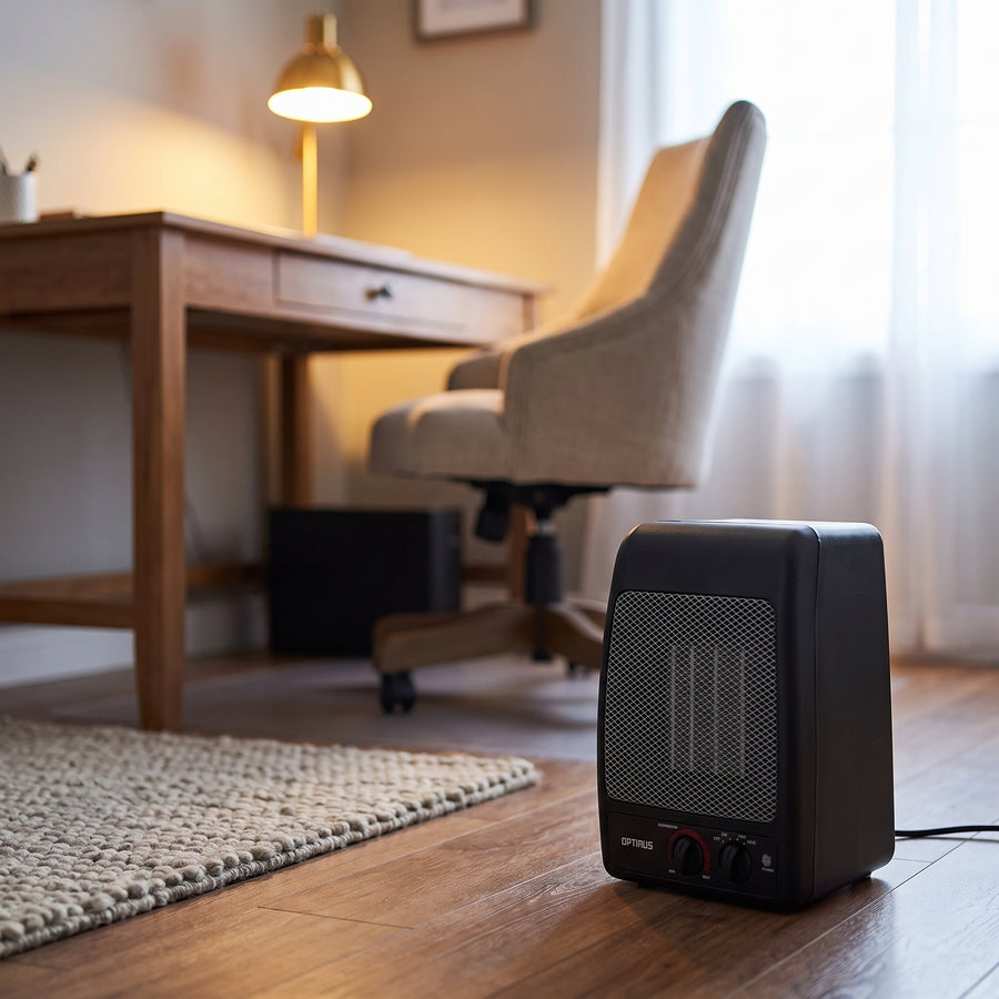 Optimus H-7000 ceramic heater on the floor beside a home office desk