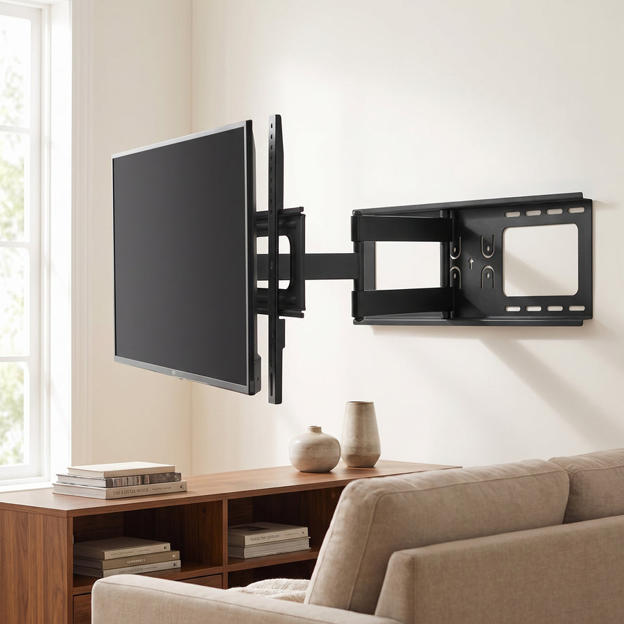MegaMounts GMW863 full motion mount holding a flat screen TV swung out from a living room wall