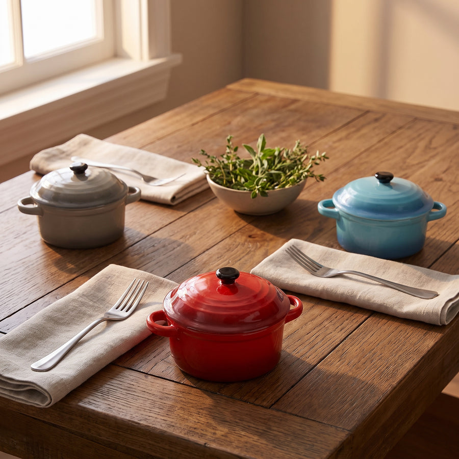 Crock-Pot Pembury mini casseroles in red, gray and light blue set out on a rustic dinner table