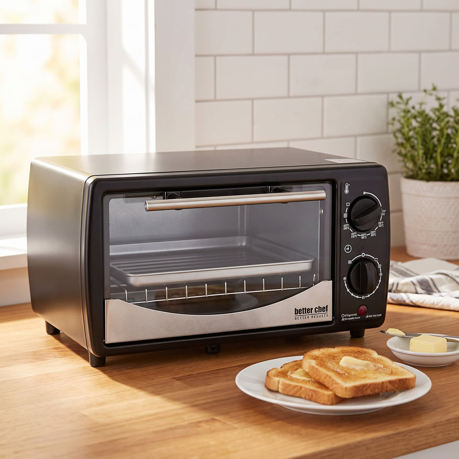Better Chef IM-256B toaster oven on a small kitchen counter with fresh toast
