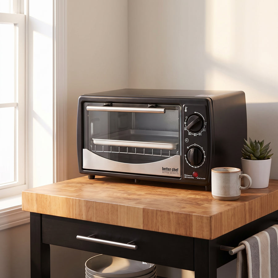 Better Chef IM-256B toaster oven on a cart in a tidy studio apartment