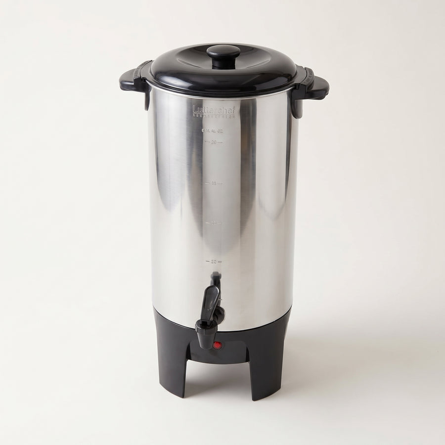 Better Chef IM-155 50 cup stainless steel coffee urn shown from a raised three-quarter studio angle on a plain white surface