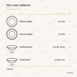 Gibson Elite Rhinebeck dinnerware set piece sizes: dinner plate 10.75 in x4, dessert plate 8.25 in x4, artisan bowl 6.75 in, 28 oz x4, fruit bowl 4.75 in, 9 oz x4, 16 pieces