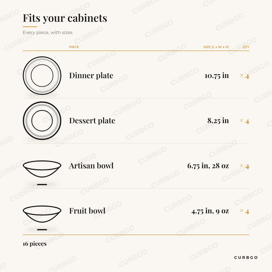 Gibson Elite Rhinebeck dinnerware set piece sizes: dinner plate 10.75 in x4, dessert plate 8.25 in x4, artisan bowl 6.75 in, 28 oz x4, fruit bowl 4.75 in, 9 oz x4, 16 pieces