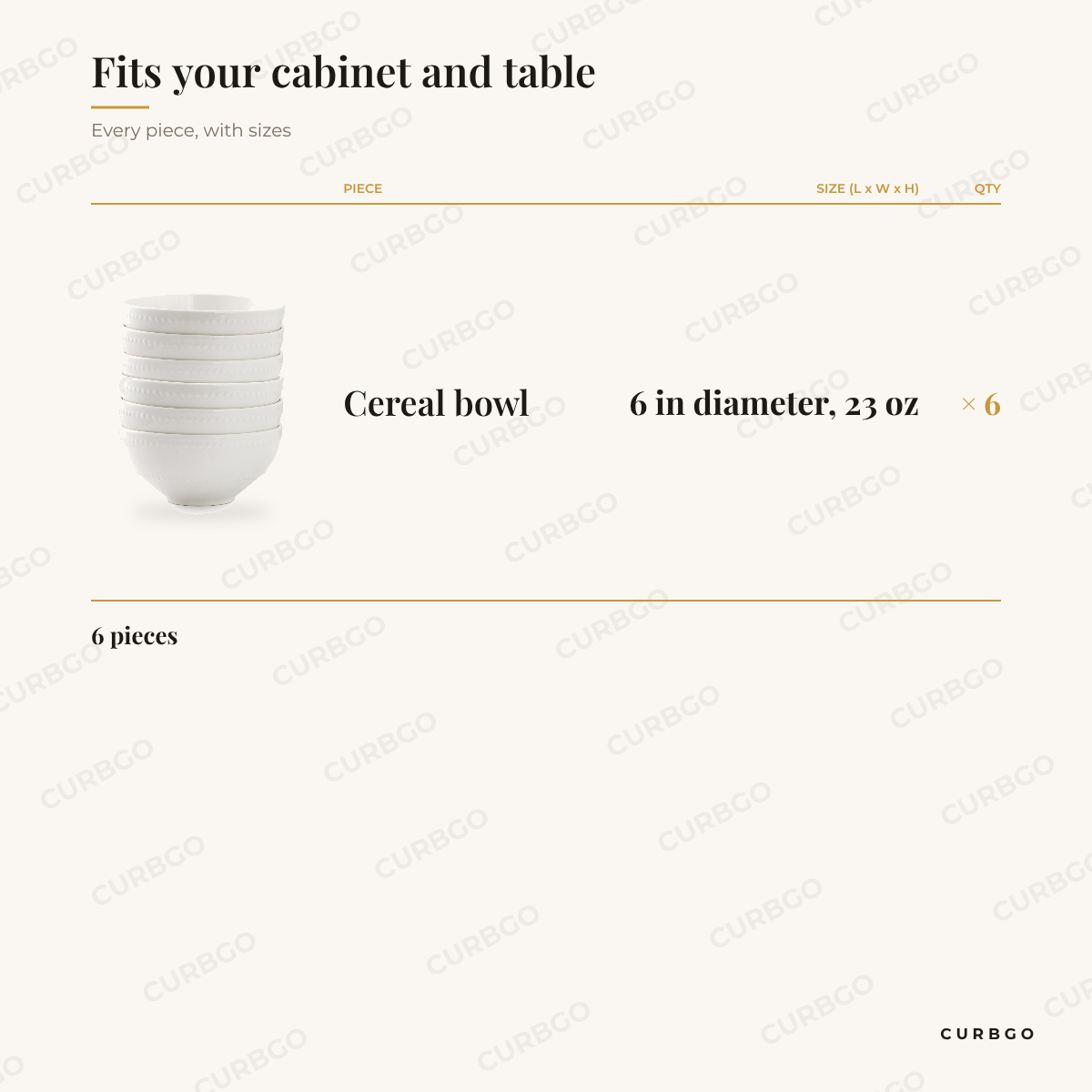 Elama Olevia cereal bowl set piece sizes: cereal bowl 6 in diameter, 23 oz x6, 6 pieces