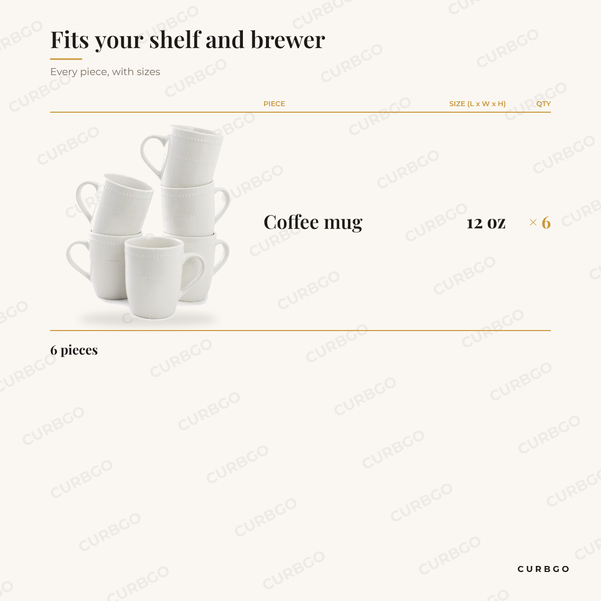 Elama Olevia mug set piece sizes: coffee mug 12 oz x6, 6 pieces