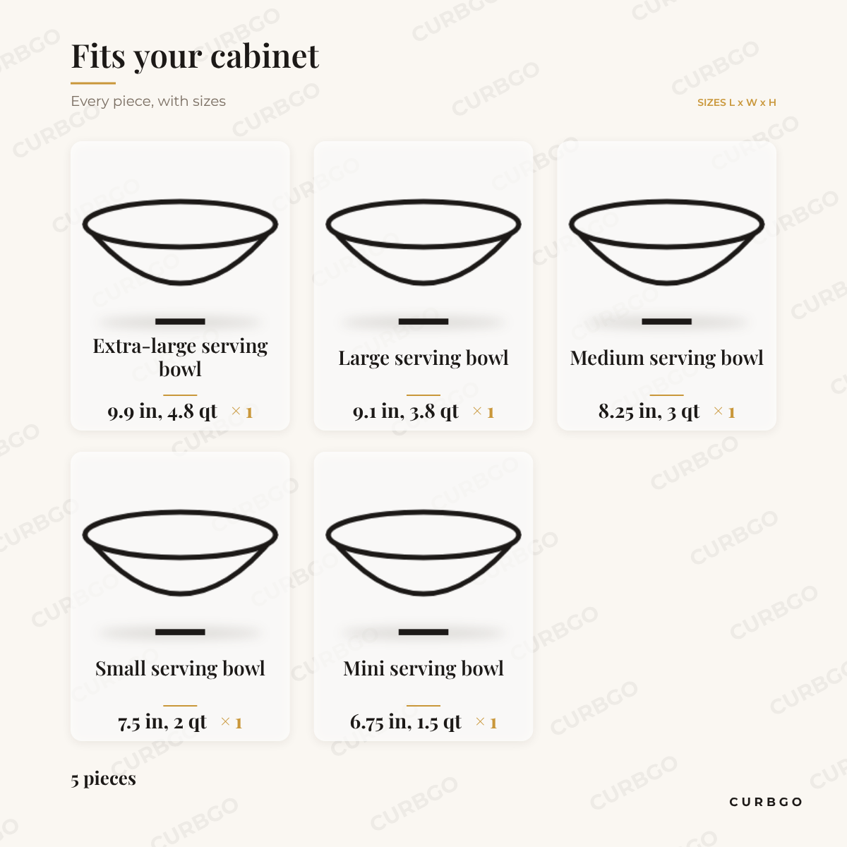 MegaChef hammered serving bowl set piece sizes: extra-large serving bowl 9.9 in, 4.8 qt, large serving bowl 9.1 in, 3.8 qt, medium serving bowl 8.25 in, 3 qt, small serving bowl 7.5 in, 2 qt, mini serving bowl 6.75 in, 1.5 qt, 5 pieces