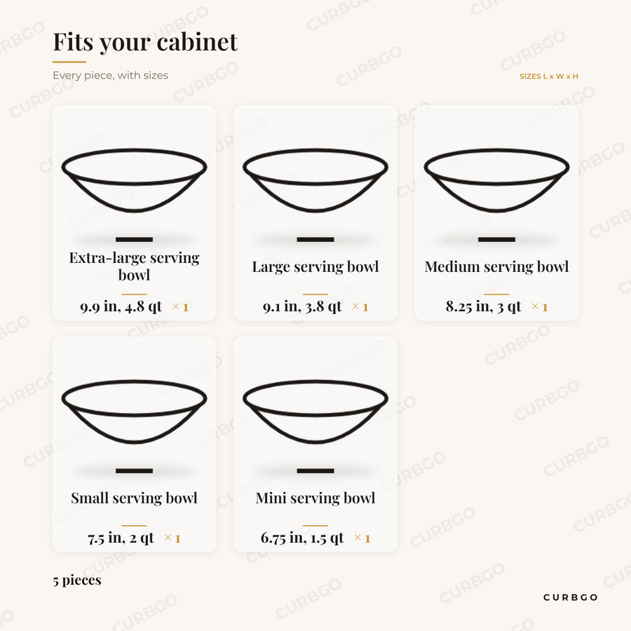 MegaChef hammered serving bowl set piece sizes: extra-large serving bowl 9.9 in, 4.8 qt, large serving bowl 9.1 in, 3.8 qt, medium serving bowl 8.25 in, 3 qt, small serving bowl 7.5 in, 2 qt, mini serving bowl 6.75 in, 1.5 qt, 5 pieces