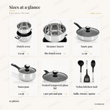 Oster Baldwyn cookware set piece sizes: dutch oven 6.9 qt, steamer insert fits the Dutch oven, saute pan 3.1 qt, saucepan 1.9 qt, vented tempered glass lid one each for Dutch oven, saute pan, saucepan x3, nylon kitchen tool ladle, slotted turner, spoon x3, 10 pieces
