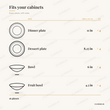 Gibson Elite Café Versailles dinnerware set piece sizes: dinner plate 11 in x4, dessert plate 8.25 in x4, bowl 6 in x4, fruit bowl 4.3 in x4, 16 pieces