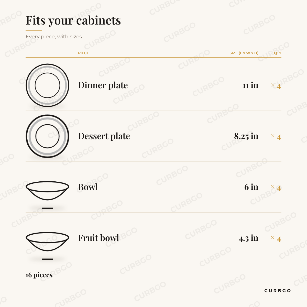 Gibson Elite Café Versailles dinnerware set piece sizes: dinner plate 11 in x4, dessert plate 8.25 in x4, bowl 6 in x4, fruit bowl 4.3 in x4, 16 pieces