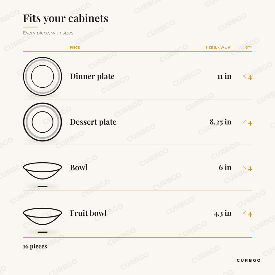 Gibson Elite Café Versailles dinnerware set piece sizes: dinner plate 11 in x4, dessert plate 8.25 in x4, bowl 6 in x4, fruit bowl 4.3 in x4, 16 pieces